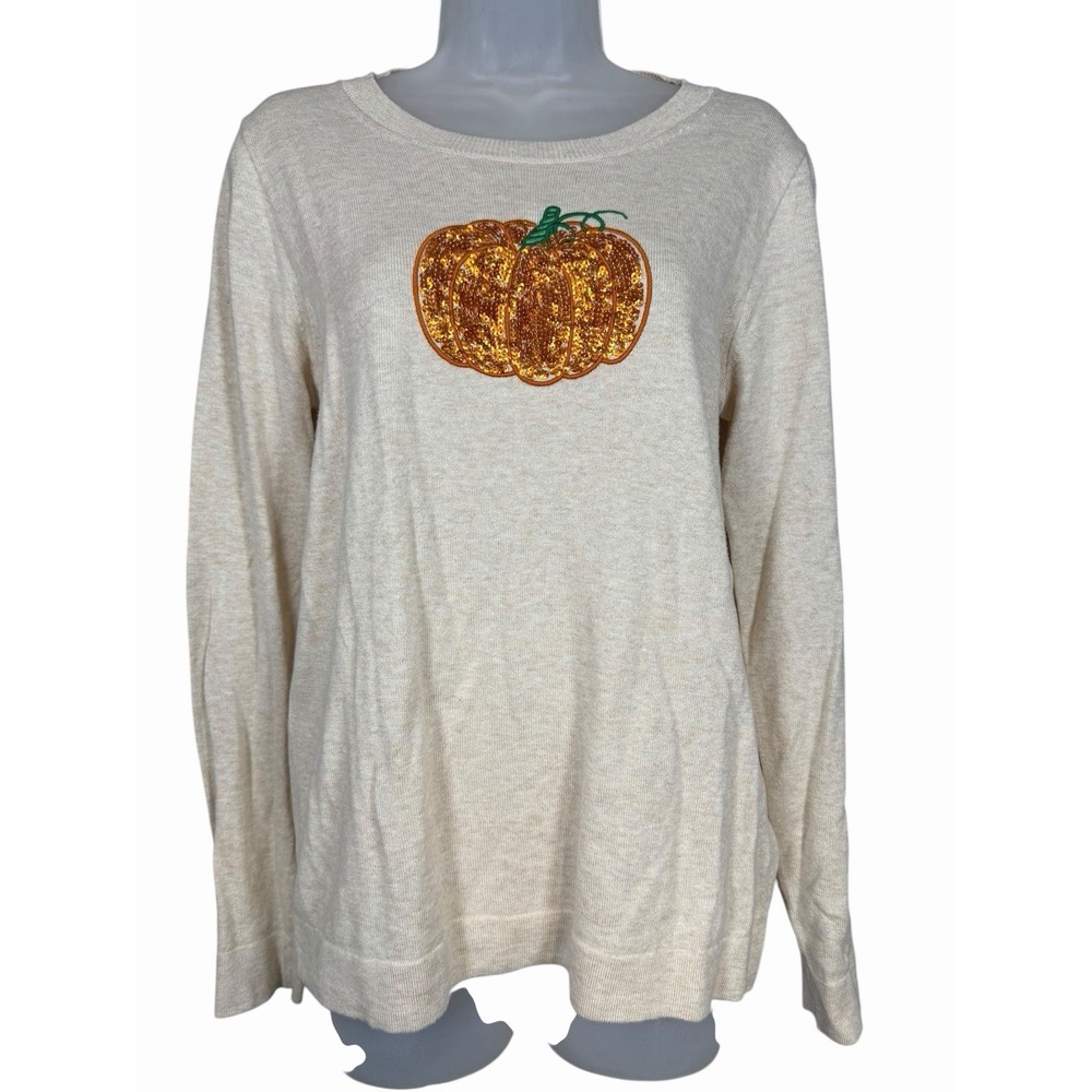 J. CREW Teddie Sweater M Oat Pumpkin Sequin Fall Autumn Holiday Crewneck